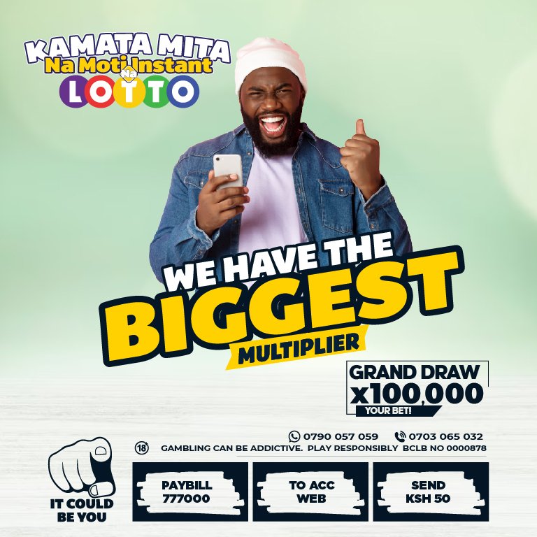 mylottokenya's tweet photo. Mambo itachemka leo kwa Live Show.
Bet yako itakuwa multiplied by 100,000; the biggest Multiplier.
Cheza na 50 bob ushinde sh 5M + sh 500K Bonus at 10pm. Play Now!
Mpesa sh 50 Paybill 777000 AC WEB
#KamataMitaNaLotto #cash #Millionaire #Mamilli https://t.co/hnJDhtg8z9