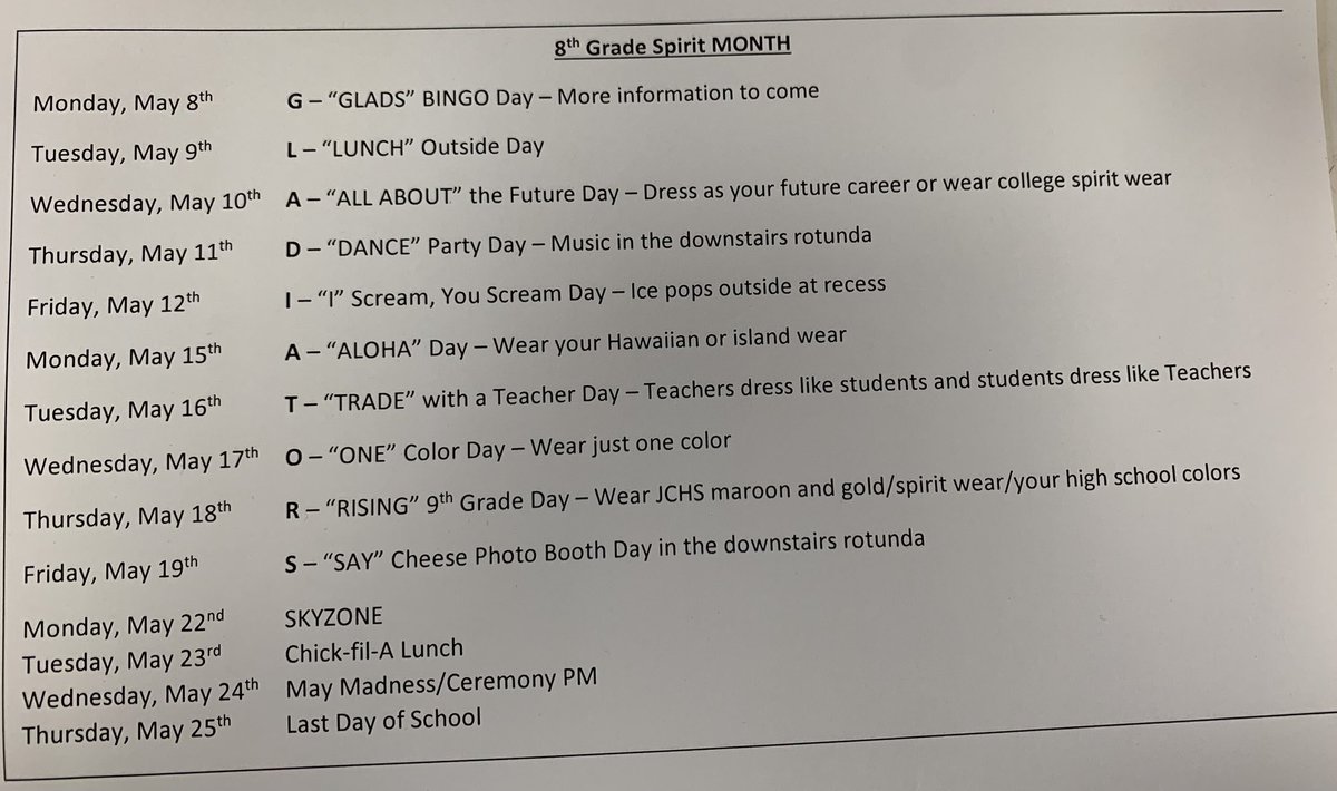 AndreaTurnera1's tweet photo. @AMMSLions 8th Graders will have their own spirit month to end their middle school years ❤️. Get ready for some amazing students @FCS_JCHS #AMMSLions https://t.co/d10dFQId7x