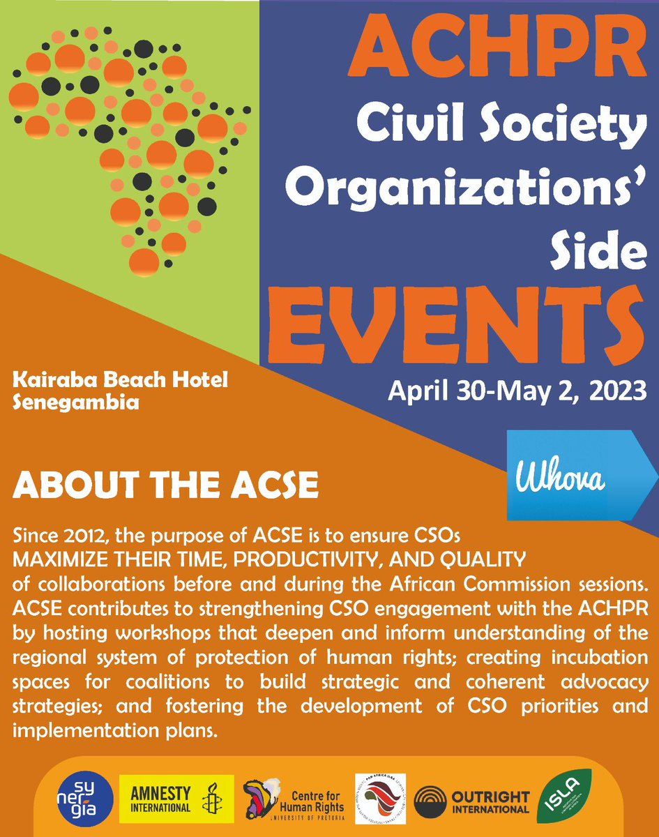 Synergía - IHR (@synergiaihr) on Twitter photo Join us for CSOs Side Events in preparation of the upcoming session of the <a href="/achpr_cadhp/">African Commission on Human and Peoples' Rights</a>
Register at whova.com/web/Y%40r19zUs…
<a href="/ISLAfrica/">ISLA</a> <a href="/PanAfricaILGA/">Pan Africa ILGA</a> <a href="/amnesty/">Amnesty International</a> <a href="/IHRDAfrica/">IHRDA</a> <a href="/fidh_en/">FIDH</a> <a href="/RFKHumanRights/">Robert F. Kennedy Human Rights</a> <a href="/DefendDefenders/">DefendDefenders</a> <a href="/ISHRglobal/">ISHR</a> <a href="/OutrightIntl/">Outright International</a> Join us for CSOs Side Events in preparation of the upcoming session of the <a href="/achpr_cadhp/">African Commission on Human and Peoples' Rights</a>
Register at whova.com/web/Y%40r19zUs…
<a href="/ISLAfrica/">ISLA</a> <a href="/PanAfricaILGA/">Pan Africa ILGA</a> <a href="/amnesty/">Amnesty International</a> <a href="/IHRDAfrica/">IHRDA</a> <a href="/fidh_en/">FIDH</a> <a href="/RFKHumanRights/">Robert F. Kennedy Human Rights</a> <a href="/DefendDefenders/">DefendDefenders</a> <a href="/ISHRglobal/">ISHR</a> <a href="/OutrightIntl/">Outright International</a>
