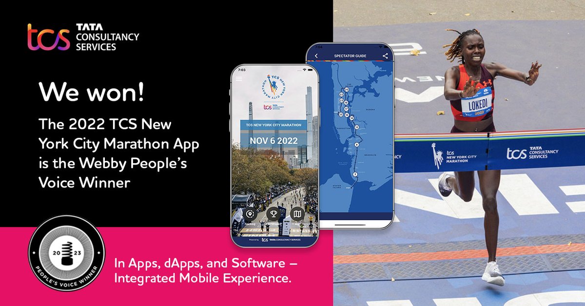 tcs_na's tweet photo. We won! 🥇 

Thank you to everyone for voting to support our trail-blazing @nycmarathon app. We’re honored to win this race alongside our partners at @nyrr. 

#BeliefRunsNewYork #Webbys https://t.co/wj2dfqnAmq