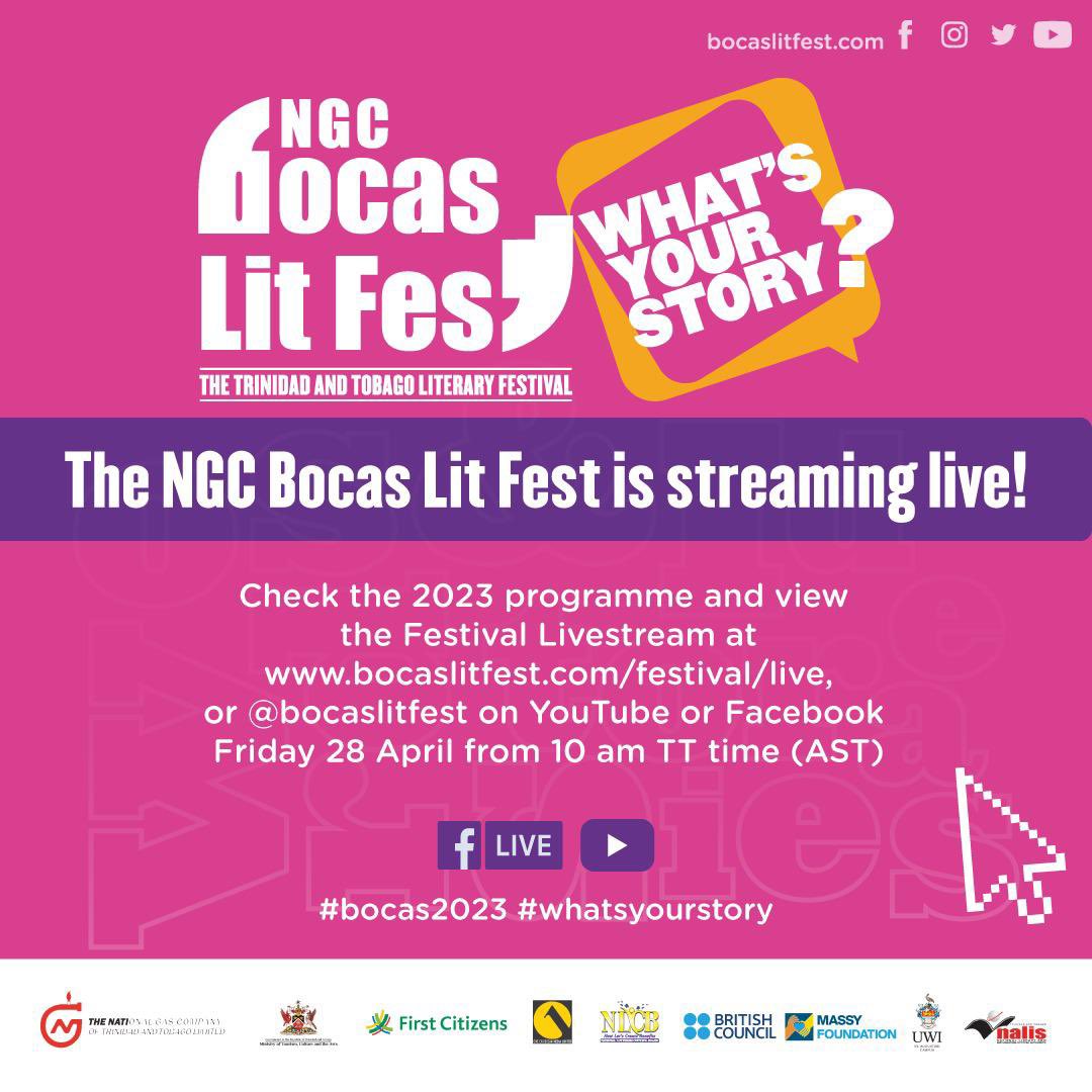 We’ll be streaming live throughout the festival!

🎫 FREE, no payment required!
🔗 bocaslitfest.com/festival/live

#bocas2023, 28-30 April, is back in-person and streaming live, free and open to all!

Powered by <a href="/NGCGascoNewsTT/">ngctrinidadandtobago</a> Bocas Lit Fest ⚡️

#bocas2023 #whatsyourstory