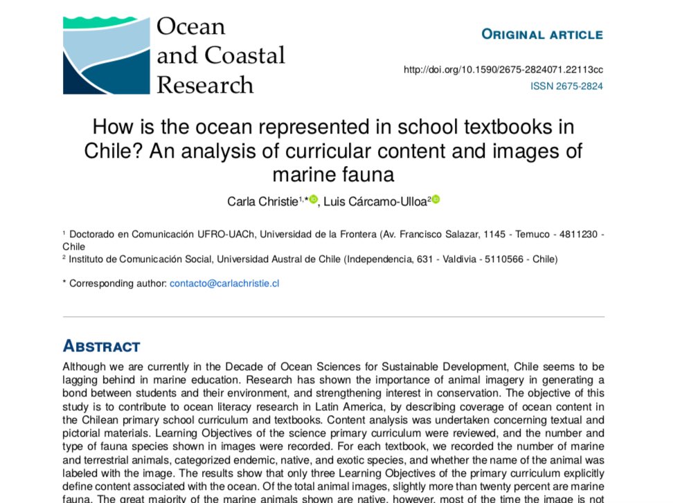Comparto artículo sobre educación marina en #Chile, que es parte de mi investigación de doctorado 🌊. Descarga pdf (inglés) aquí 👉🏽 scielo.br/j/ocr/a/FpKT4w… Gracias a becas @AnidInforma @parguaman @DocComUFROUACh