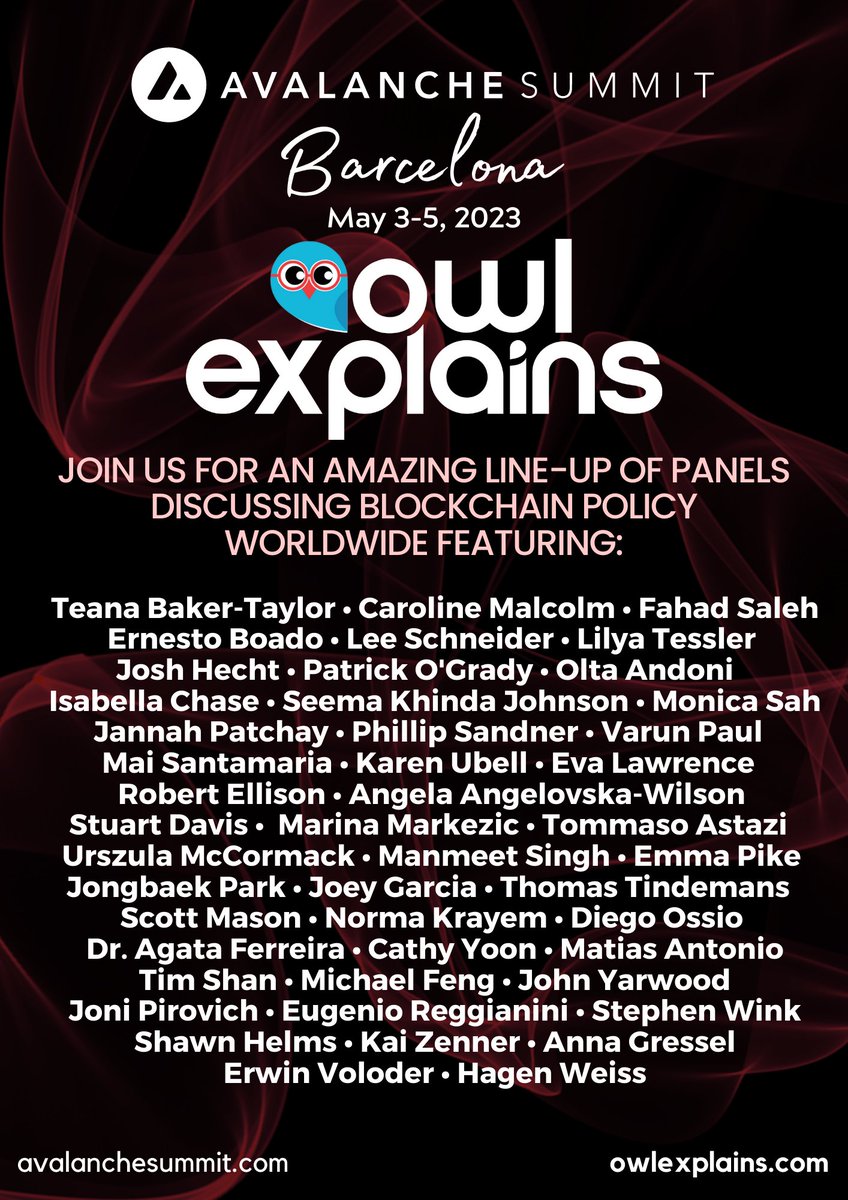 We've got an INCREDIBLE lineup of speakers for the upcoming #AvalancheSummit on Owl Explains 🦉 Get ready to hear from some of the biggest names in the industry. Join us next week in Barcelona!

Get 20% off using "OWL20" when buying your tickets at avalanchesummit.com 🔺