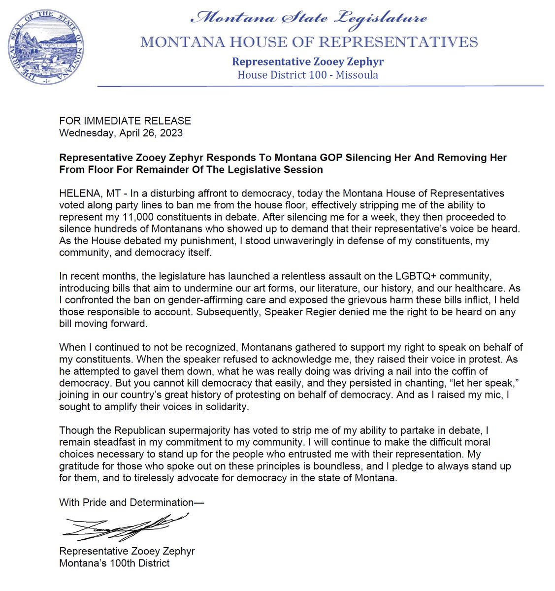 My statement on the Montana GOP's undemocratic decision to ban me from debate on the House floor: Today I stood unwaveringly in defense of my constituents, my community, and democracy itself. And I pledge to always do so.