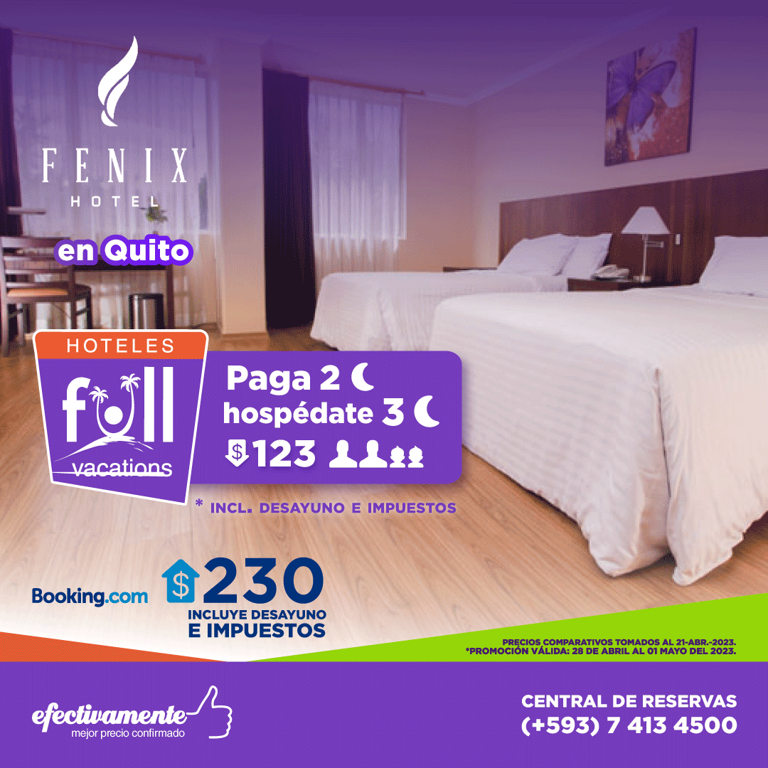 Paga dos noches y obtén la tercera completamente GRATIS en Quito.

Vive el feriado por el #DíadelTrabajador en el Hotel Fenix Quito 🤩 y benefíciate de esta mega GANGA.
 
Incluye desayuno buffet e impuestos*
#HotelesFullVacations #HotelFenix #Quito #Diadeltrabajador #feriado