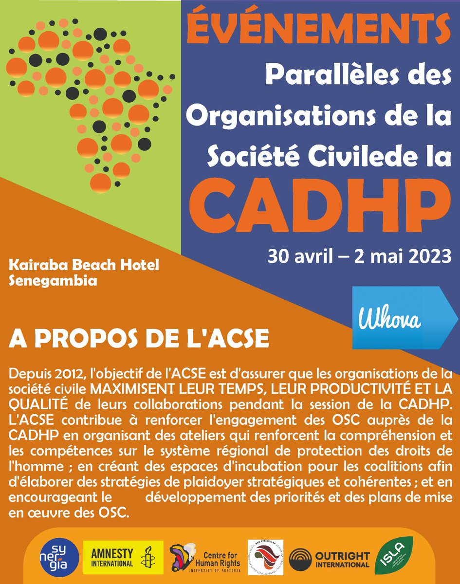 Synergía - IHR (@synergiaihr) on Twitter photo Rejoignez-nous pour les événements parallèles pendant la session de la <a href="/achpr_cadhp/">African Commission on Human and Peoples' Rights</a>
Veuillez vous enregistrer à whova.com/web/Y%40r19zUs…
<a href="/ISLAfrica/">ISLA</a> <a href="/DefendDefenders/">DefendDefenders</a> <a href="/PanAfricaILGA/">Pan Africa ILGA</a> <a href="/ISHRglobal/">ISHR</a> <a href="/IHRDAfrica/">IHRDA</a> <a href="/OutrightIntl/">Outright International</a> <a href="/amnesty/">Amnesty International</a> <a href="/fidh_en/">FIDH</a> <a href="/RFKHumanRights/">Robert F. Kennedy Human Rights</a> Rejoignez-nous pour les événements parallèles pendant la session de la <a href="/achpr_cadhp/">African Commission on Human and Peoples' Rights</a>
Veuillez vous enregistrer à whova.com/web/Y%40r19zUs…
<a href="/ISLAfrica/">ISLA</a> <a href="/DefendDefenders/">DefendDefenders</a> <a href="/PanAfricaILGA/">Pan Africa ILGA</a> <a href="/ISHRglobal/">ISHR</a> <a href="/IHRDAfrica/">IHRDA</a> <a href="/OutrightIntl/">Outright International</a> <a href="/amnesty/">Amnesty International</a> <a href="/fidh_en/">FIDH</a> <a href="/RFKHumanRights/">Robert F. Kennedy Human Rights</a>