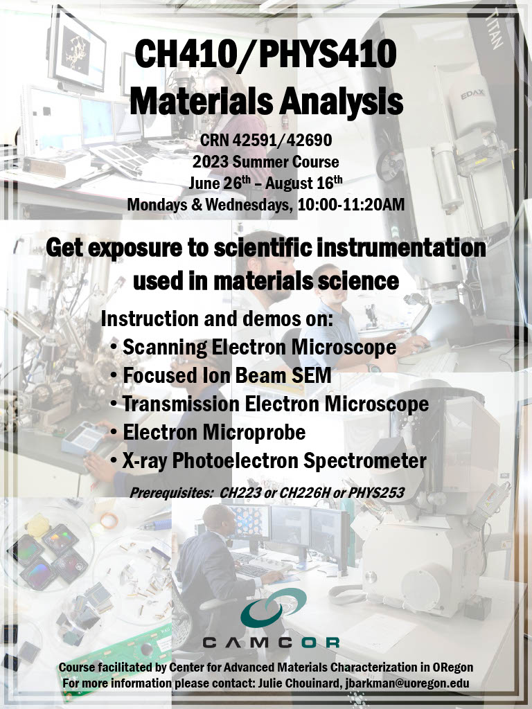 CAMCOR_UO's tweet photo. Hey UO students, we are offering this exciting new undergraduate level summer course at CAMCOR. Register to learn all kinds of techniques in microanalysis and materials characterization with 2 week "crash-courses" on each toolset! Please spread the word! https://t.co/MnlxnJzrgP