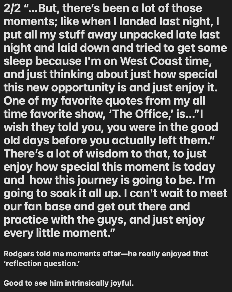 JosinaAnderson's tweet photo. In the post presser media gathering with @AaronRodgers12 --standing right beside him I noticed how much inner-joy he was exuding. It was quite striking &amp; noticeable. I asked him to reflect on his feelings today, compared to other key points in his personal &amp; professional life... https://t.co/Wi9ybmXvY7