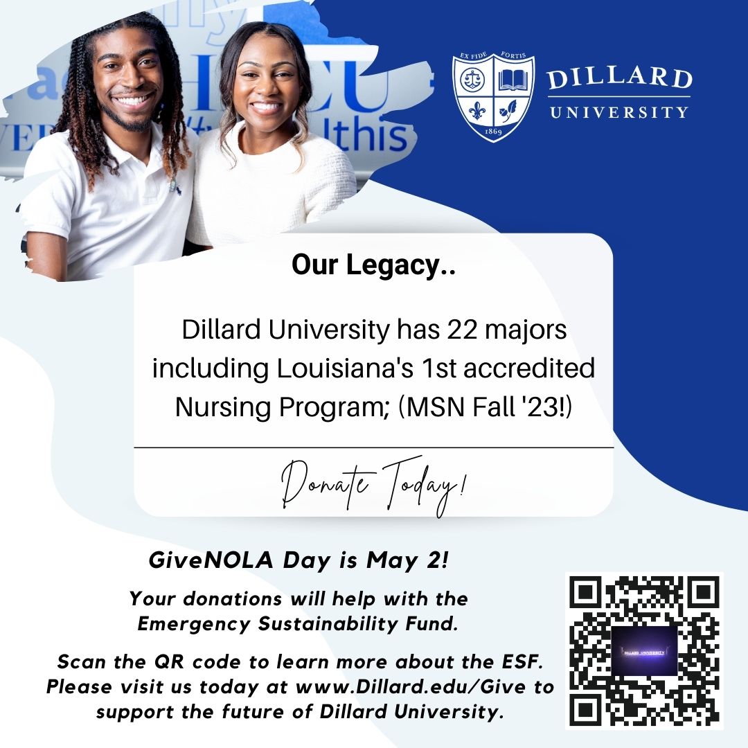 GiveNOLA Day is May 2!

Please visit us today at Dillard.edu/Give to support the future of Dillard University!

#StudentSuccess #AcademicExcellence #InnovationInTechnology #EmergencySustainability #DillardUniversity #FairDillard #BleuDevils #ForeverBleu