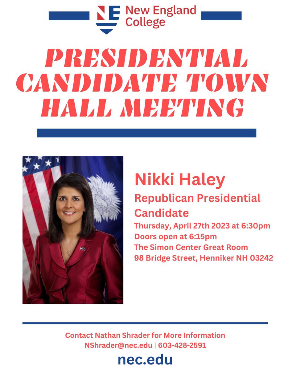 Nathan R. Shrader (@nathanrshrader) on Twitter photo We are looking forward to seeing Ambassador <a href="/NikkiHaley/">Nikki Haley</a> tomorrow night at <a href="/NewEngCollege/">New England College</a> <a href="/NECPolitics/">NEC Politics Department</a> <a href="/NECCivic/">NEC Center for Civic Engagement</a> #Election2024 #NikkiHaley #NHPolitics We are looking forward to seeing Ambassador <a href="/NikkiHaley/">Nikki Haley</a> tomorrow night at <a href="/NewEngCollege/">New England College</a> <a href="/NECPolitics/">NEC Politics Department</a> <a href="/NECCivic/">NEC Center for Civic Engagement</a> #Election2024 #NikkiHaley #NHPolitics