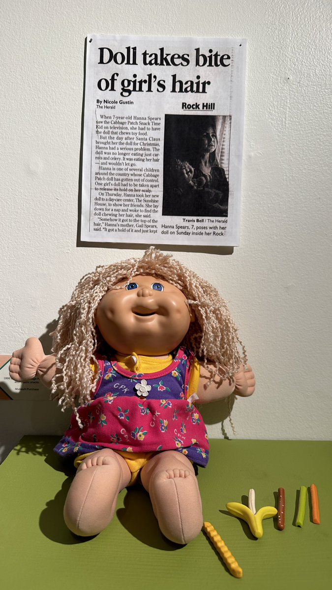 Anyone remember this Cabbage Patch Doll that would eat kids’ hair? Even if you took batteries out as it chomped, its mechanism kept “eating.” 
(As seen at @HistoricBeth Kemerer Museum, one of only 15 museums in US exclusively dedicated to decorative arts)