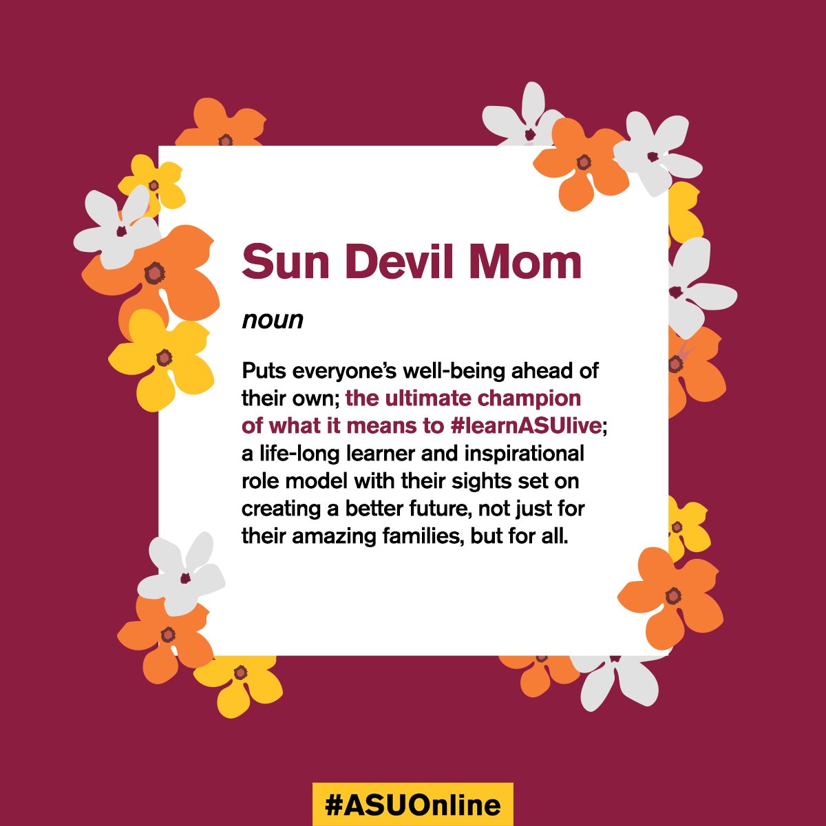 asuonline's tweet photo. Happy #MothersDay to the #SunDevil moms and mother figures who do it all for those they love while navigating a #learnASUlive educational journey! Truly, there’s no better inspiration to #SunDevilNation than you. 🫶 #ASUOnline https://t.co/jAkFzpXcpP