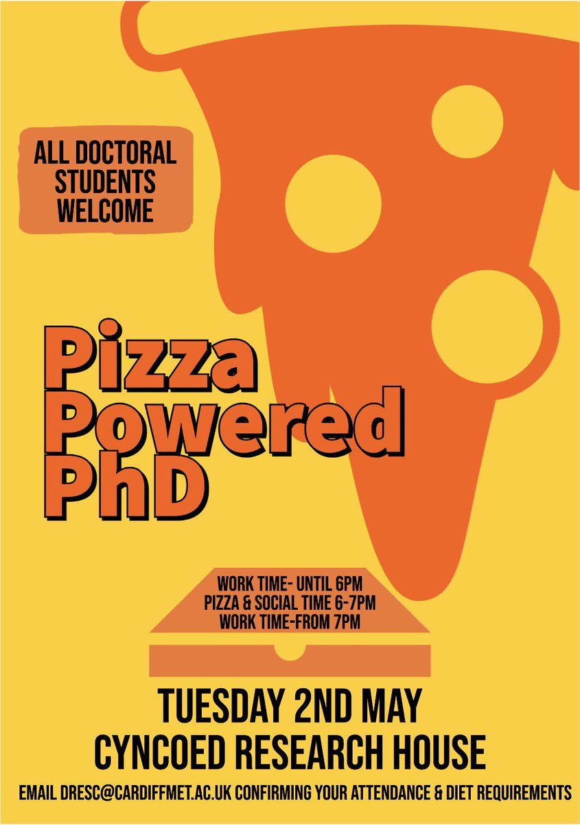 Get that pizza motivation to work on your PhD and get to know other PhD students next Tuesday at Cyncoed Research House ground floor 🍕