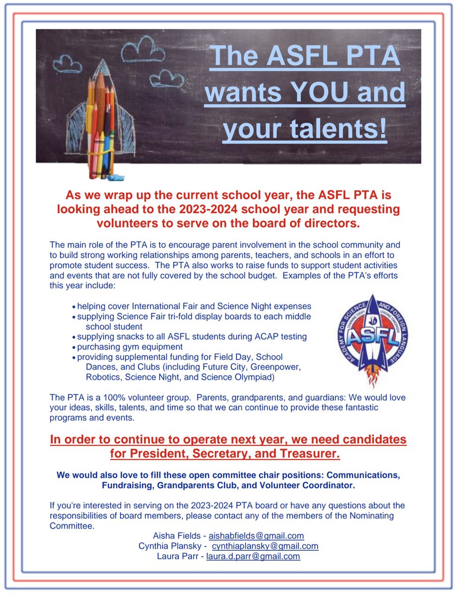 The ASFL PTA needs volunteers for next year's board! See flyer for info.