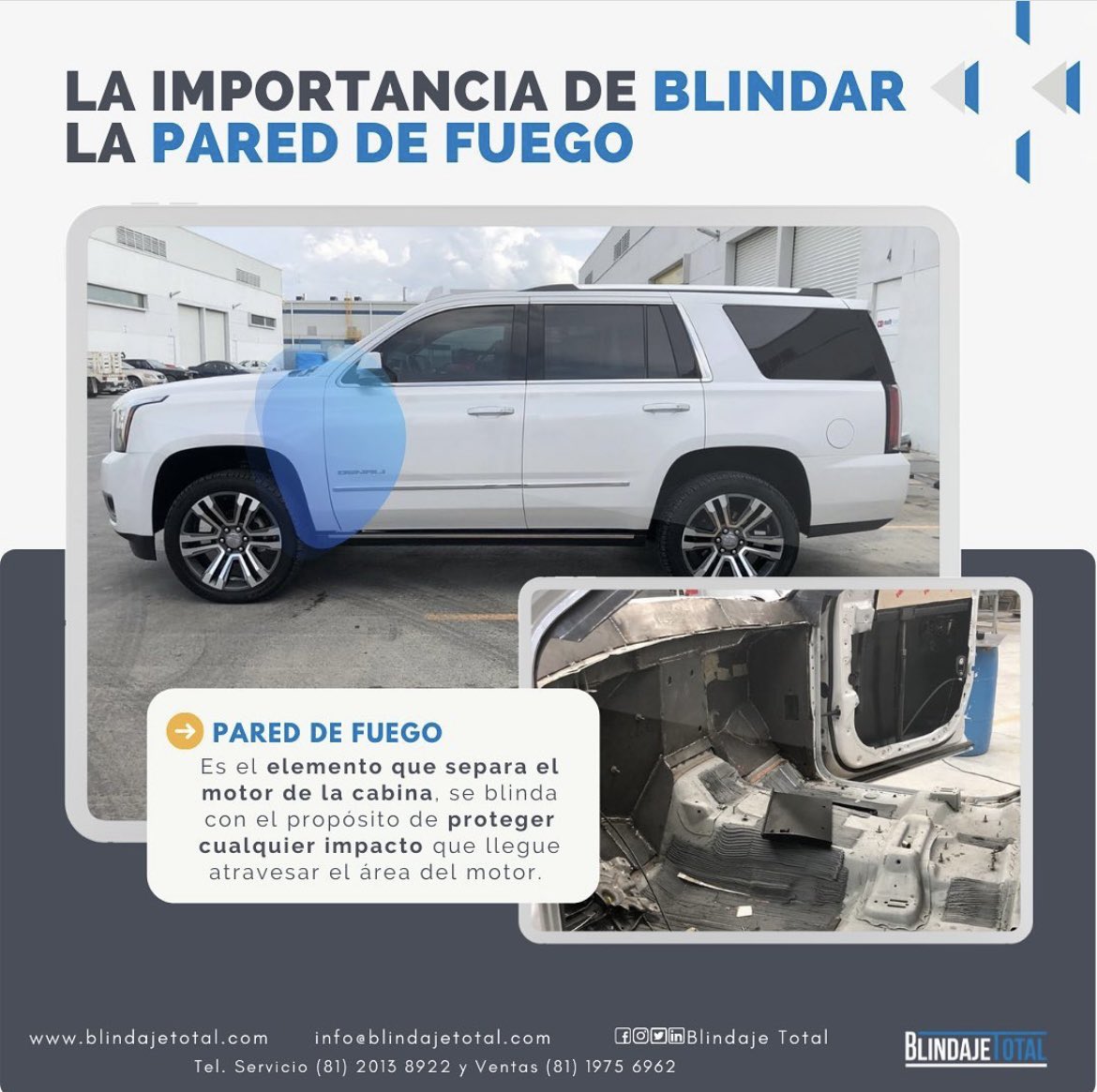 La Pared de Fuego se protege uniendo placas de #acerobalístico o #fibrasarámidas con el propósito de proteger cualquier impacto que llegue atravesar el área del motor. 

Escríbenos 📧 info@blindajetotal.com donde con gusto te asesoramos sobre #blindajeautomotriz.