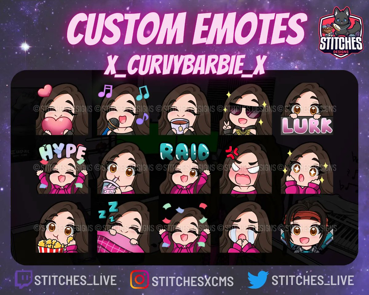 Custom emotes for @x_curvybarbie_x 🩷 

Had so much fun making these go check her out on twitch> twitch.tv/x_curvybarbie_x she's an amazing streamer ❤️‍🔥

#twitchemotes #customemote #Commission #twitchtv #emoteartist #emotes