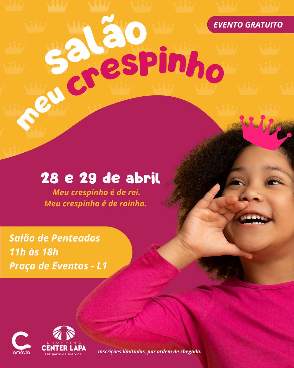Meu crespinho é de rei, meu crespinho é de rainha.👑
Dia 28 e 29 de abril, ✨Salão meu crespinho✨.
Um evento gratuito do Shopping Center Lapa para cachinhos do 3A até o 4C.🤎