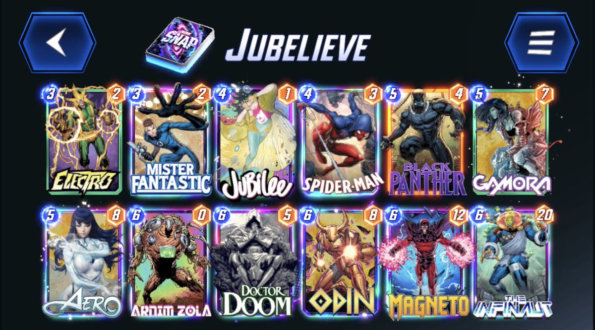 Klypze's tweet photo. Finally hit Infinite with an original deck 🙌🏽 

Been using most of these cards for like half a year now, but only recently got Black Panther to make it work right

#MarvelSnap #marvelsnapdecks https://t.co/eRWRrAn4AF