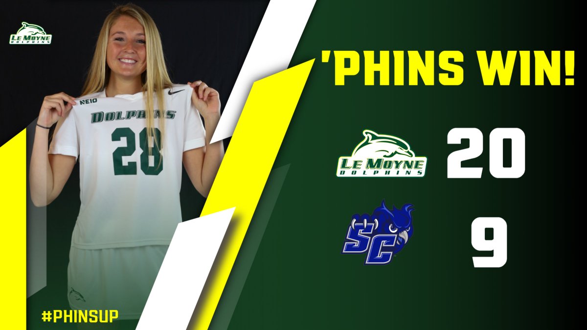 LeMoyneWLax's tweet photo. We earned our 10th NE10 win of the year with a 20-9 victory over Southern Connecticut State! Meneilly led us with  six goals, three caused turnovers and three ground balls. Goodwin had seven points (4g, 3a) and Addonizio had five (2g, 3a). Crandall had seven saves. #PhinsUp https://t.co/kKqoGiPuz7