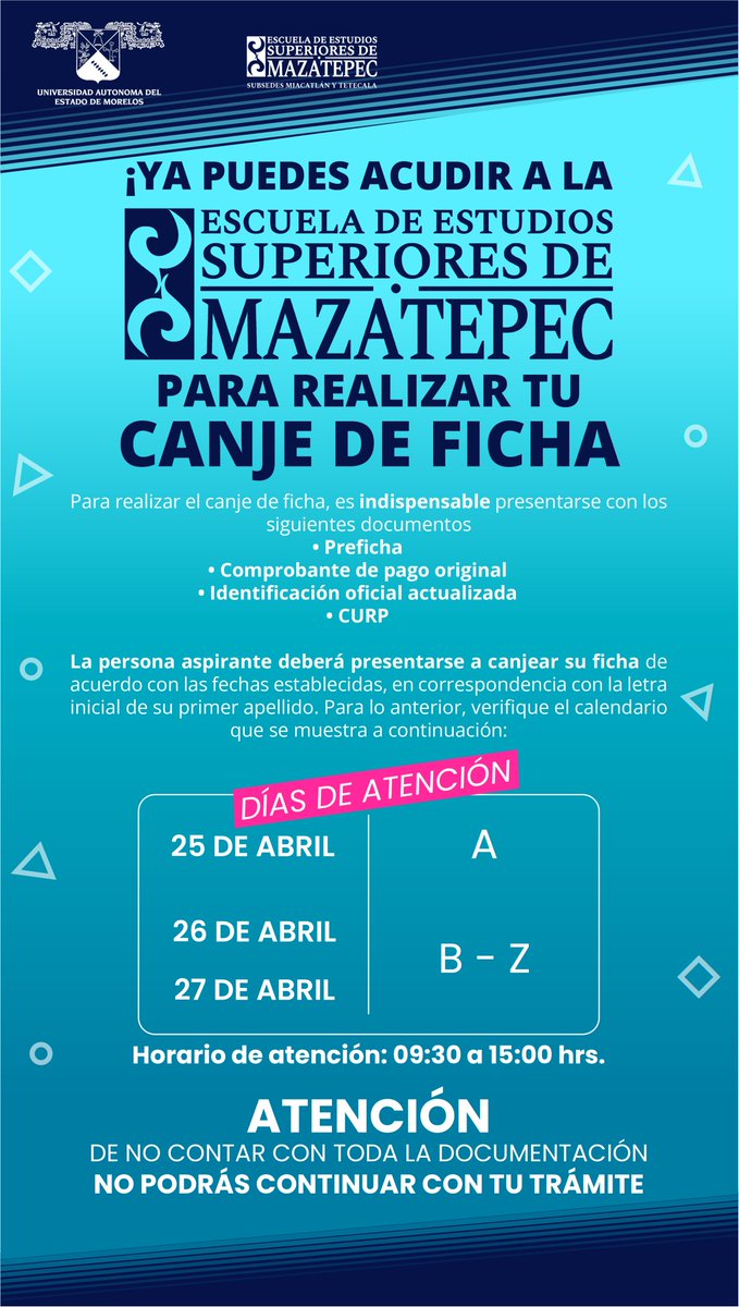 UAEMMazatepec's tweet photo. ¡LA EESMAZATEPEC ES SEDE FORÁNEA PARA CANJE DE FICHA!
Acude a nuestras instalaciones con tu documentación de acuerdo al calendario que te mostramos a continuación.
ubícanos: https://t.co/D6L7BXuhMx
FECHA LÍMITE EN EESMAZATEPEC 27 DE ABRIL
Y EN UAEM CAMPUS NORTE EL 28 DE ABRIL https://t.co/aH39umJxVQ