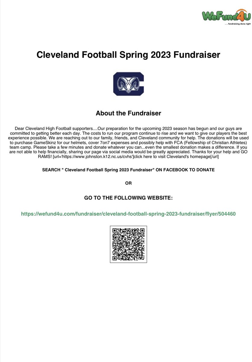 Please help me reach my goal of $500 to help support Cleveland Football Spring 2023 Fundraiser
wefund4u.com/fundraiser/cle…