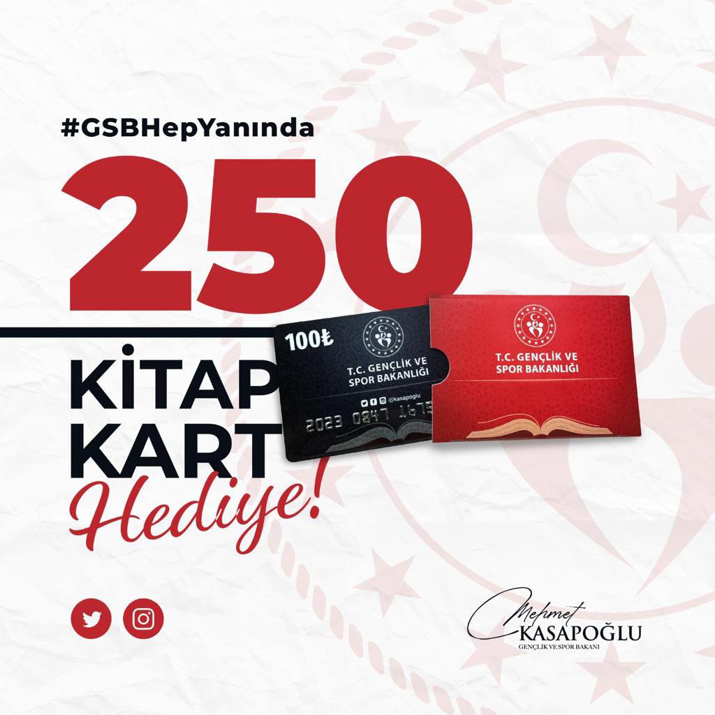 Gençler, “kitap kart yok mu?” diye sormuş. Siz istersiniz de hiç olmaz mı?😎

#GSBHepYanında etiketine yaşadığı şehri yazan toplam 250 takipçi arkadaşıma GSB Kitap Kart hediye edeceğim.🙋🏻‍♂️