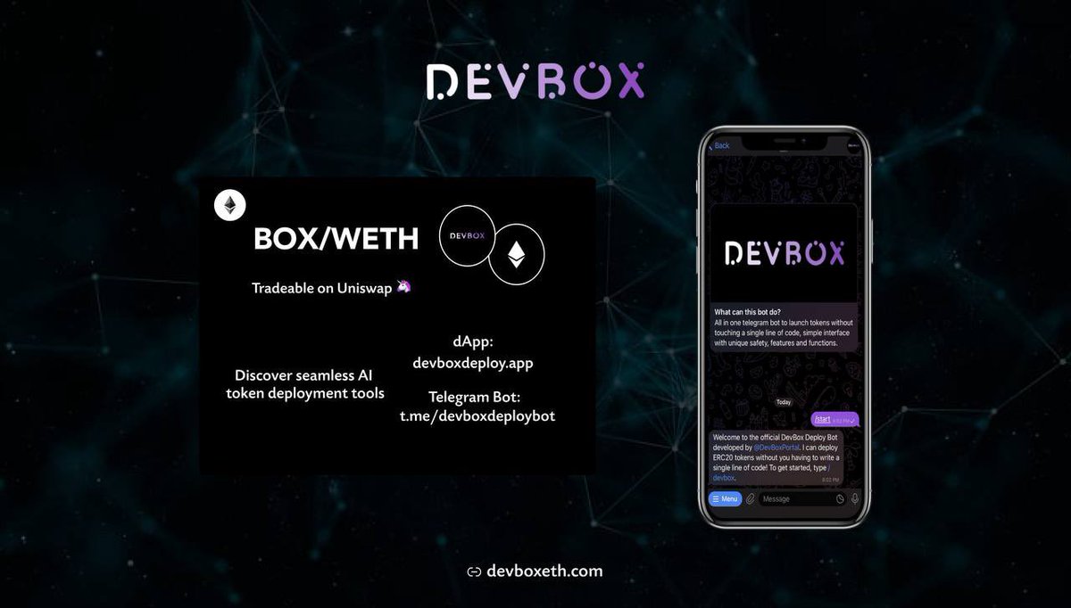 Deploy a token for your own project? 💻

Launch your project using our deployment tools on Ethereum &amp; Arbitrum

Uncover the true possibilities with DevBox

TG Bot: t.me/devboxdeploybot
dApp: devboxdeploy.app