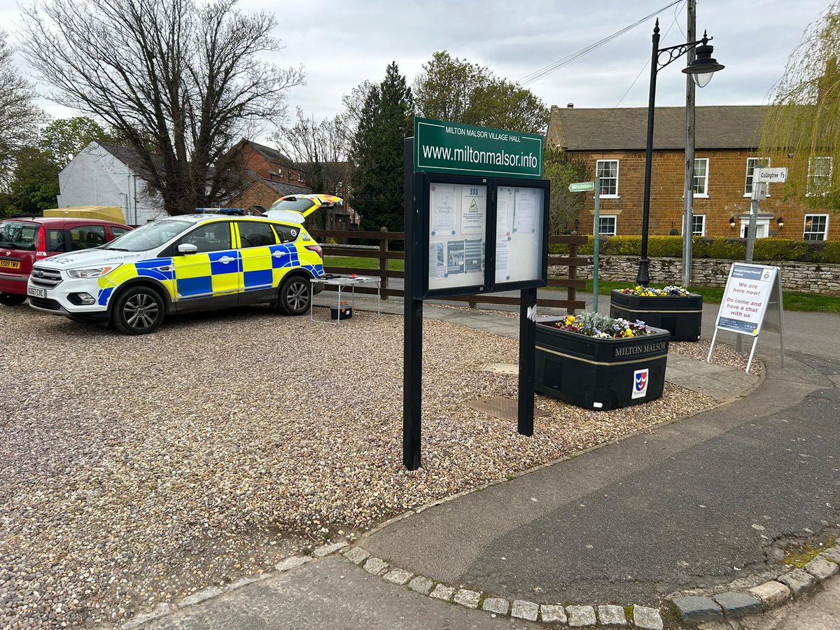 Milton Malsor - for his final stop of today PCSO Matt was in the village this afternoon where he held a  surgery in the car park at the village hall to give the local community opportunity to discuss and concerns