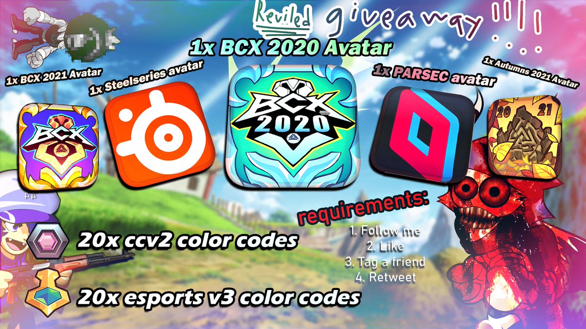 reviled44's tweet photo. hi guys this is my second giveaway 
yes i am giving away these limited edition avatars and these colors  
to enter follow me
@TheReviIed
like the tweet 
retweet
 and
 tag a friend 
 winners will be chosen in a week, I'll dm the winners the codes!
#brawlhalla
#giveaway https://t.co/EnvKh1Vmbx
