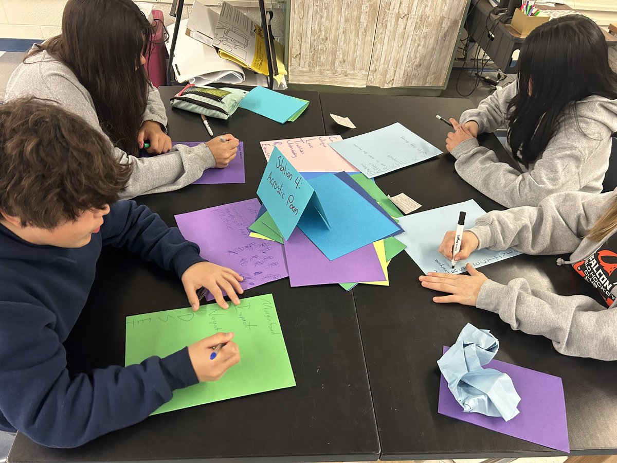MsDobbs's tweet photo. Today we tested a new series of study methods for our upcoming vocabulary quiz. Students rotated around from station to station: creating drawings to represent words, acrostic poems, word maps, vocab games, and more!! https://t.co/I1QCsge7ZV
