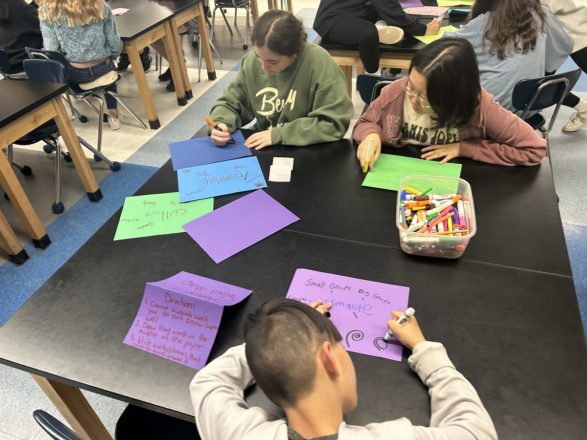 MsDobbs's tweet photo. Today we tested a new series of study methods for our upcoming vocabulary quiz. Students rotated around from station to station: creating drawings to represent words, acrostic poems, word maps, vocab games, and more!! https://t.co/I1QCsge7ZV