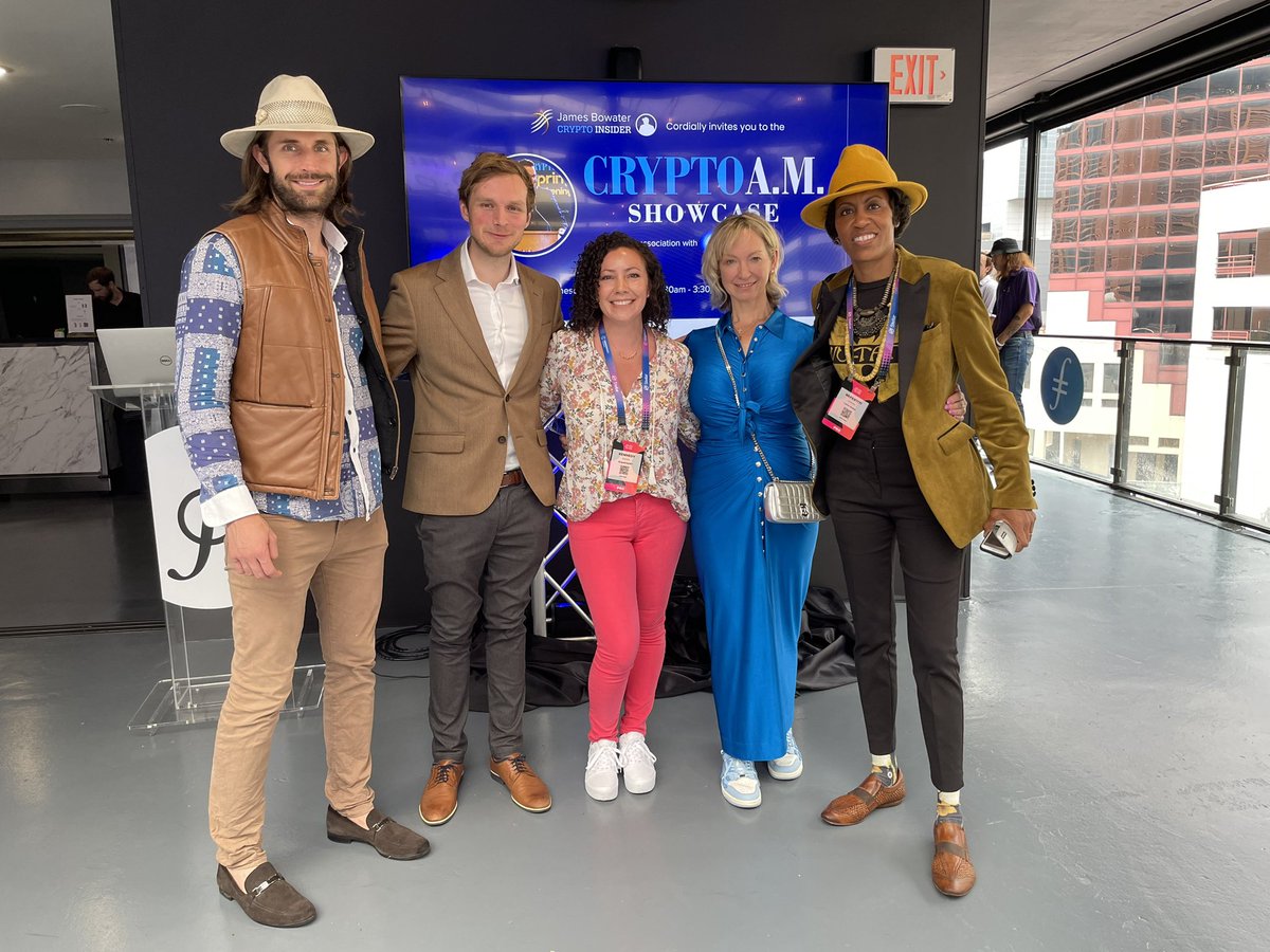 Rejuve_Bio's tweet photo. Our CEO @KennedyMSchaal with some @SingularityNET family at the #CryptoAM showcase ๐ @JanetAdamsAI @GudevPatrik @NefertitiStrong #Consensus2023 https://t.co/F4Mo1JwNrh