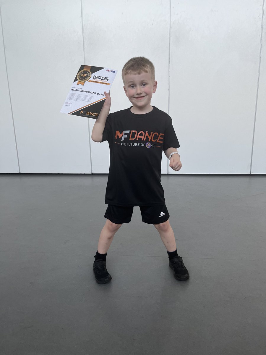 Alisonbate55's tweet photo. Oliver got his white commitment band at MFDance this week!! He is super proud of his moves ⁦@lime_class⁩ ⁦@GtSankeyPrimary⁩ https://t.co/fLUfU4TjdJ