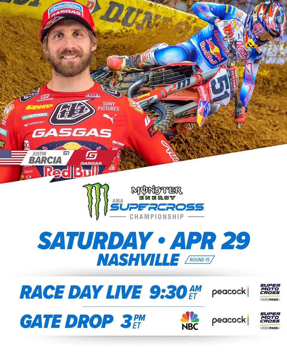 SupercrossLIVE's tweet photo. Tune in Saturday for round 1️⃣5️⃣ of @MonsterEnergy Supercross in Nashville 📺

🎟️: https://t.co/M1UyT2Jpx3

📺: https://t.co/IdcDotTWW2

#SupercrossLIVE #SuperMotocross https://t.co/brHCYxSsmf