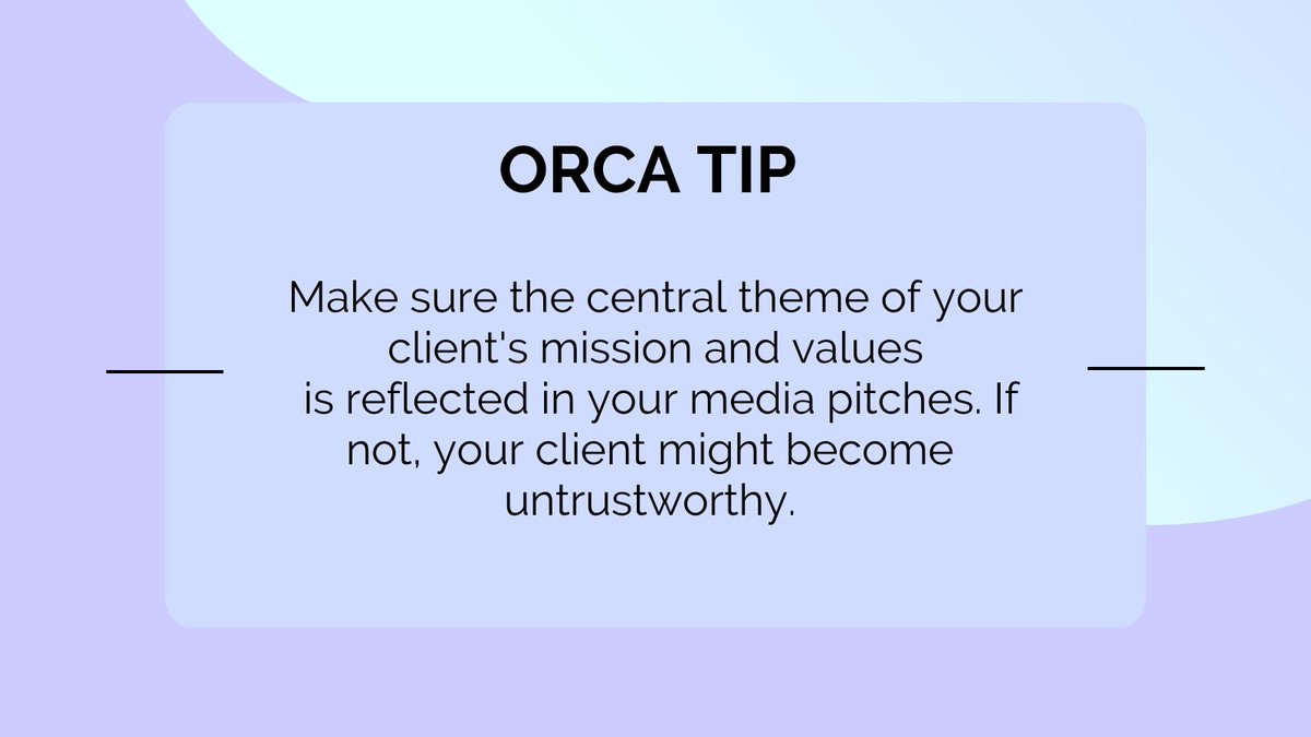 orcacomm's tweet image. Giving a #CoreComponent of your client that matches the #MediaPitch will accurately portray your client. Consumer #trust will increase as a result of this.