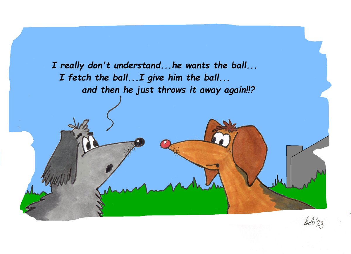 Midweek Crisis #150  
#midweek #cartoon #dogs #training #dogowners #dogtrainers #training #coaching #fetching #carrying 
#understanding #excercise #task #ball #ballgames 
#play #outdoors #park #field #walk