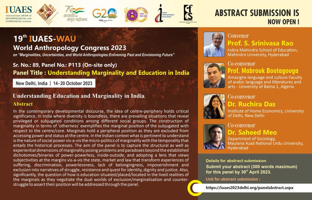 iuaes2023's tweet photo. Panel P113: 'Understanding Marginality and Education in India'. #IUAESWAU2023 #WorldAnthropologyCongress #Marginality #Education 

You may submit your abstract by 30 April 2023. https://t.co/t4gQm5IkpM https://t.co/49mrCVMBau