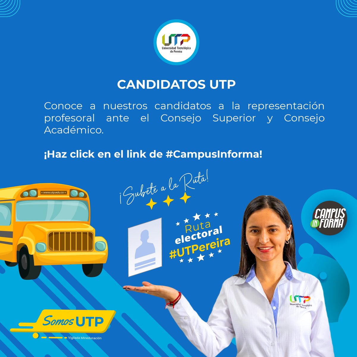 UTPereira's tweet photo. Los invitamos a leer #CampusInforma para conocer a los candidatos de nuestras próximas elecciones.
https://t.co/JXaIZ8uxET
#RutaElectoralUTP #UTPereira #UTPAvanza #SoloEnLaUTP #Elecciones https://t.co/rdGnAkSqCY