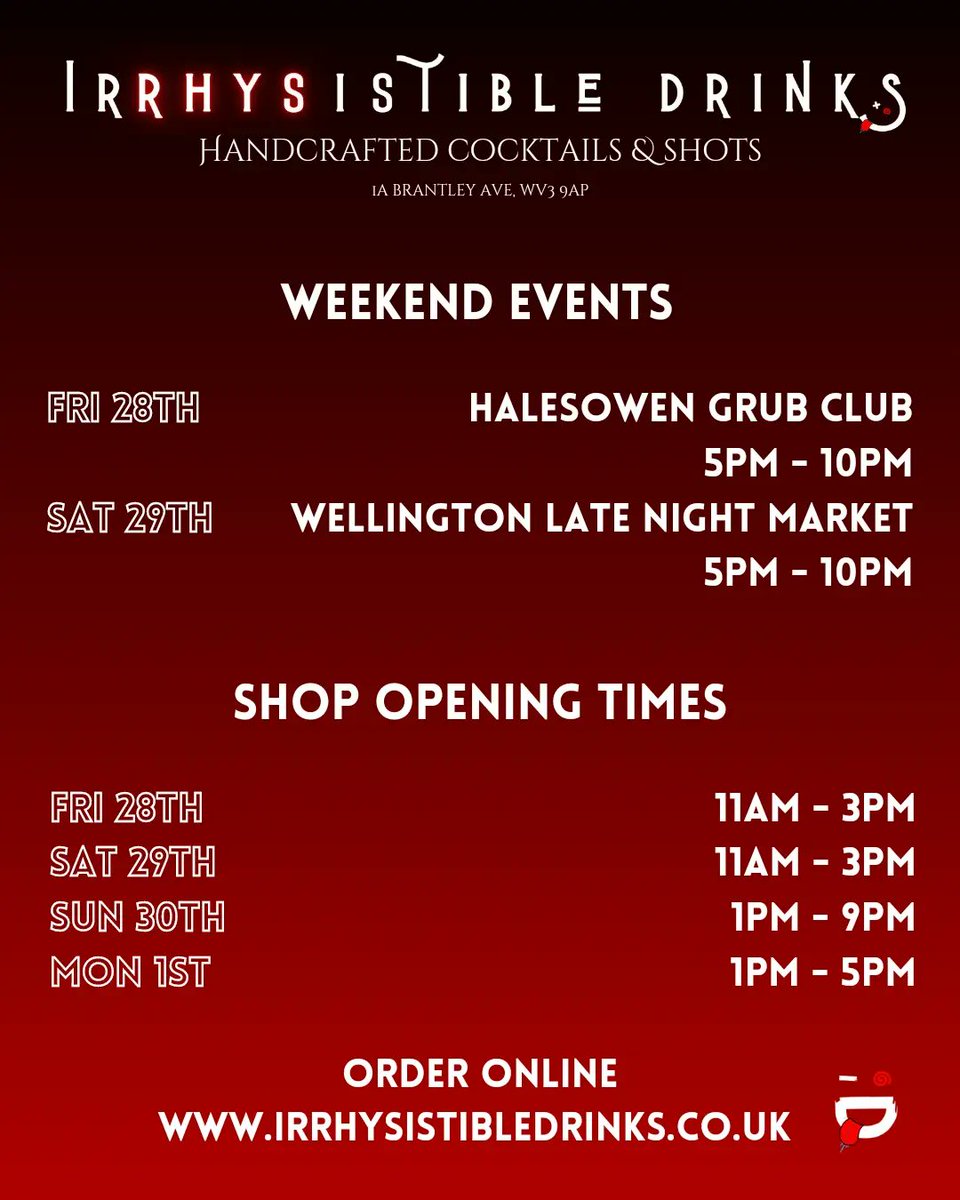 Irrhysistible__'s tweet photo. Weekend Events &amp; Opening Times

Events
Fri 28th - Halesowen Grub Club
Sat 29th - Wellington Late Market

Opening Times
Fri 28th - 11am till 3pm
Sat 29th - 11am till 3pm
Sun 30th - 1pm till 9pm
Mon 1st - 1pm till 5pm

Click the link in our bio to find your nearest stockist 📍 https://t.co/Bh3s49snUJ