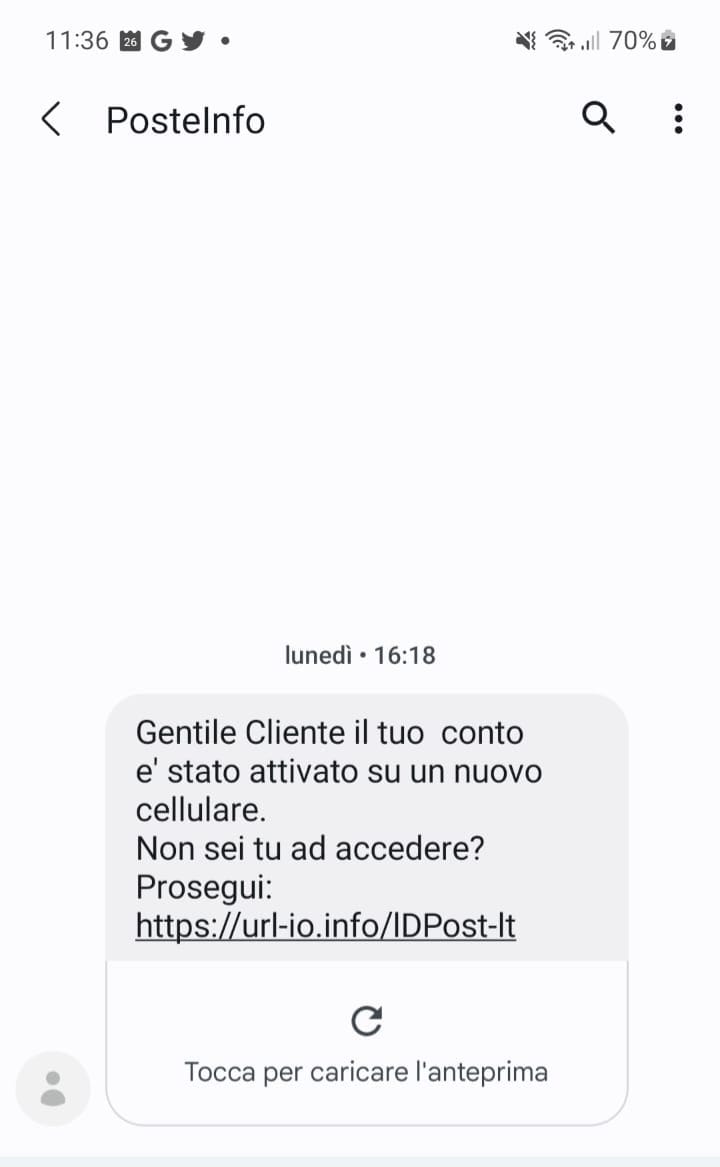 ⚠️#attentialletruffe
in queste ore sta circolando una nuova truffa via sms, un finto messaggio delle Poste Italiane avvisa che un nuovo conto è stato attivato e di cliccare sul link. Non apritelo e condividete questo avvertimento con i vostri conoscenti! #26aprile #essercisempre