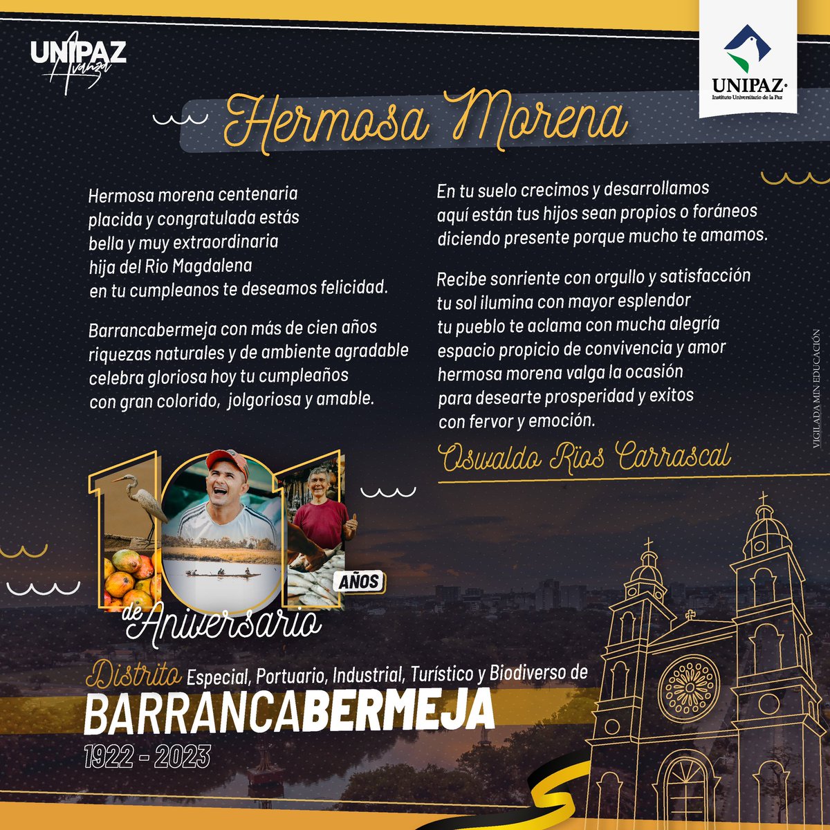 UNIPAZnoticias's tweet photo. ¡Felicitaciones Barrancabermeja en tu aniversario 101! Desde UNIPAZ queremos motivarte a seguir creciendo y prosperando. Te obsequiamos este hermoso poema titulado "Hermosa Morena" escrito por nuestro querido profe Oswaldo Ríos. ¡Celebremos juntos! 🌟📚 #UNIPAZAvanza #Bca101 💛🖤 https://t.co/3XDyTXLLYL