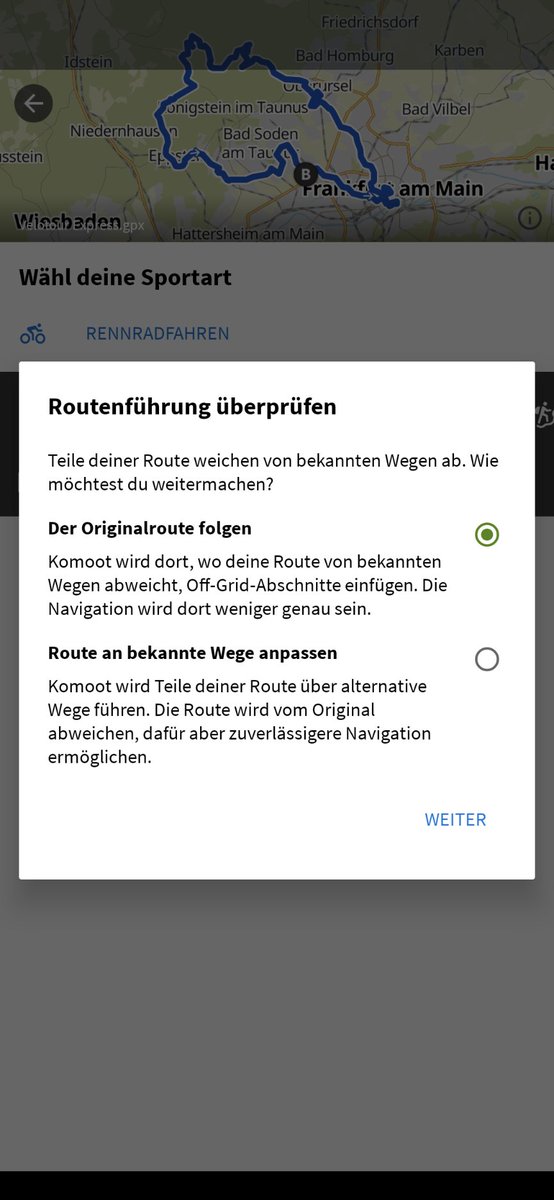 stberg_os's tweet photo. @kenny_laemna Hatte das gleiche Problem. Beim Import als geplante Tour, fragt er ob du die Originalroute folgen willst oder ob es an Bekannte Straßen angepasst werden soll. Wenn du das erste wählst, müsste es eigentlich passen. https://t.co/EpNwiB3lFW