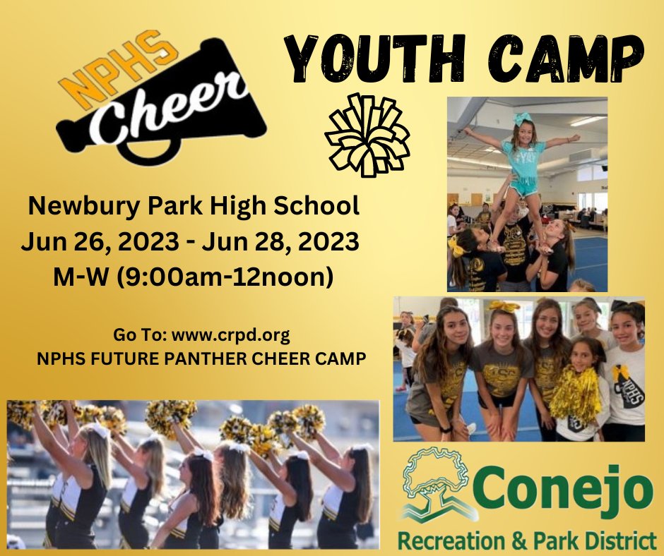 NPCheer's tweet photo. NPHS Cheer is hosting Youth Camp this summer for kids ages 5-12! Learn beginner and intermediate cheerleading skills from our Varsity and JV Cheerleaders! Space is limited - sign up!
https://t.co/vEjwWVkyca https://t.co/Go3WMzFqIg