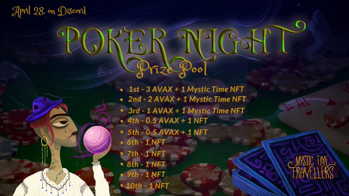 MysticTimeNFT's tweet photo. Hey #Avalanche  community!  

Great Mystic Poker Night is on April 28th !!

How to join? 
1⃣ Like and RT this tweet 
2⃣ Join our discord 
3⃣ Create ticket and get your invite code
4⃣ Register to the game server with your code

#AVAX  #Joepegs #pokeronline https://t.co/GiVgpsg383