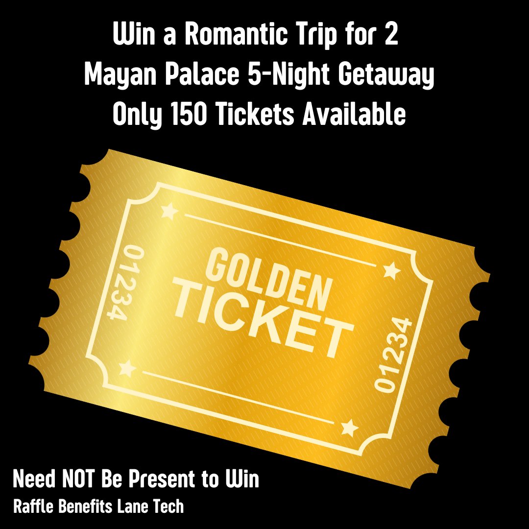 FriendsofLane1's tweet image. Get Your Golden Ticket! (Only 150 available) Mayan Palace 5-Night Getaway for 2: Purchase under Tickets: GreenGold23.givesmart.com

Choose from: Acapulco, Cancun-Riviera Maya, or Nuevo Vallarta.

Need not be present to win.

#LaneTech #LaneTechHS #LaneTechAlumni