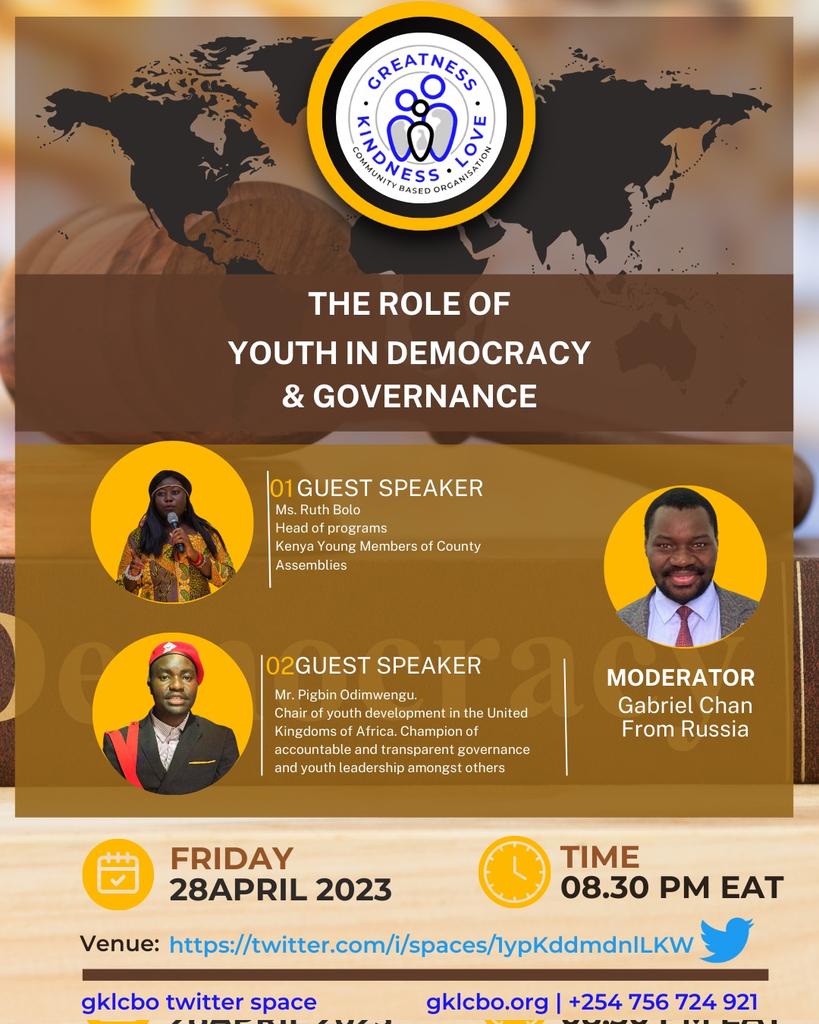 sue_baba's tweet photo. GKL CBO is pleased to invite you all to our Twitter Space session (lt's a youth date ⏰📌)
Topic - The role of youths in democracy and governance.
Date 28th April  2023.  Time as from- 8:30 PM EAT.
Click on the link below to join  👇🏿
https://t.co/JCRvvQ93Fj https://t.co/j6O5iJjsXH