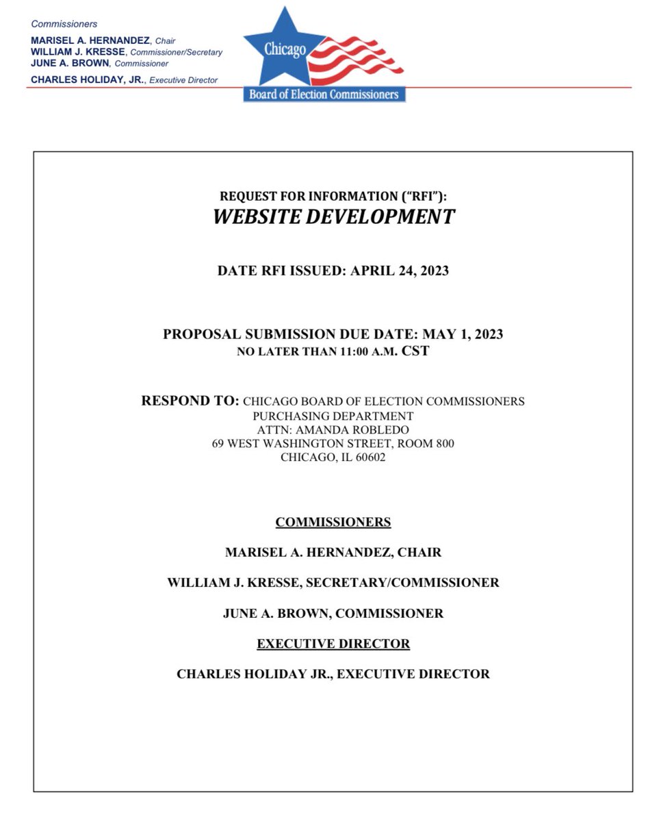 ChicagoElection's tweet image. We are looking to get to know some web development vendors ahead of releasing a RFP in mid-May to create the new ChicagoElections.Gov website! Respond now to our Request for Information (RFI) to introduce your firm and your services: app.chicagoelections.com/Documents/gene…
