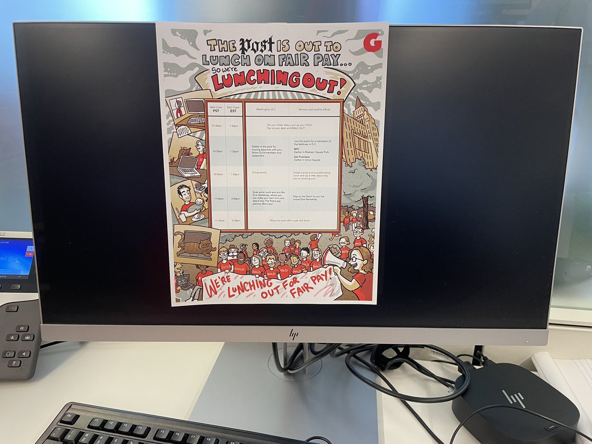 In mere minutes, hundreds of Washington Post employees in DC + around the US will step away from work & demand that @washingtonpost management gets serious about bargaining — and bring us a wage proposal, something the Post has refused to do for NINE MONTHS and counting. (1/x)
