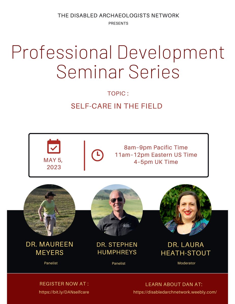 The next Disabled Archaeologists Network professional development webinar is coming up!

Topic: Self-Care in the Field
Date: Friday, May 5
Time: 8–9am Pacific Time/11am–12pm Eastern Time/4–5pm UK Time
