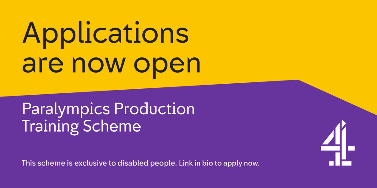 Applications for <a href="/Channel4/">Channel 4</a>'s Paralympics Production Training Scheme are now OPEN! 🚀

We've launched a brand new website and there are 19 opportunities across the UK exclusively for disabled people looking to start their career in the TV industry. Visit: c4productiontrainingscheme.com